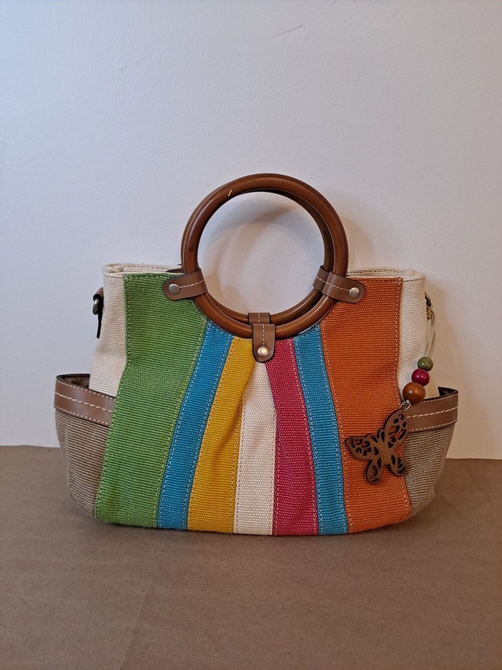 Relic Vintage Handbag Rainbow Color Stripes Wooden Handle Crossbody Strap Purse